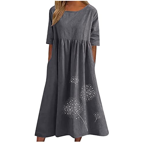 Strandkleid Damen Oversize Leinenkleid Summer Dress Elegant Blusenkleid mit Taschen Kurzarm Maxikleid Musselin Kleid Rundhals Freizeitkleid Lässig Blumenkleid Mode Partykleid Plissee Sommerkleider von HINTSAN