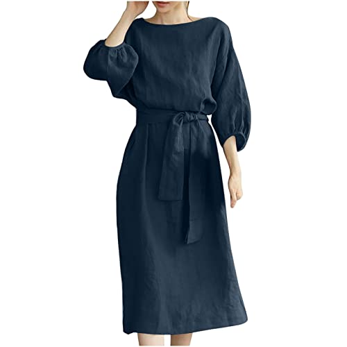 Strandkleider Damen Rundhals 3/4 Ärmel Leinenkleid Musselin Kleid Lässig Abendkleid Einfarbig Freizeitkleid Mode Midikleid mit Schnürung Oversize Sommerkleid Elegant Holidy Kleider Hohe Taille Dress von HINTSAN