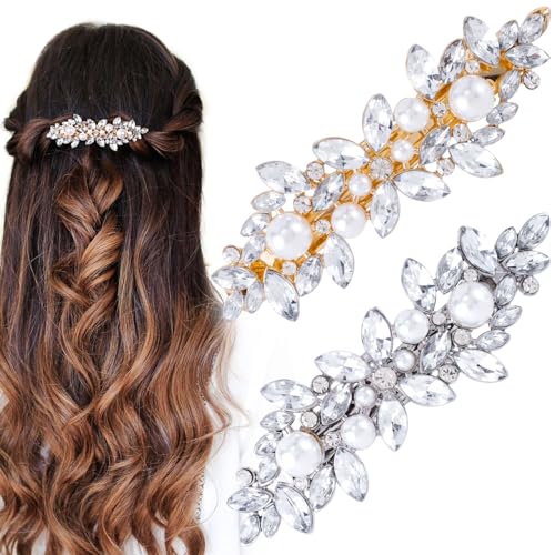 HINZIC Haarspangen mit Perlen, glitzernde Kristall-Strasssteine, dekorativ, Silber, Gold, Hochzeit, Abschlussball, französisches Haar-Accessoire für Braut, Damen, Mädchen, dickes langes Haar, 2 Stück HINZIC Haarspangen mit Perlen, glitzernde Kristall-Strasssteine, dekorativ, Silber, Gold, Hochzeit, Abschlussball, französisches Haar-Accessoire für Braut, Damen, Mädchen, dickes langes Haar, 2 Stück von HINZIC
