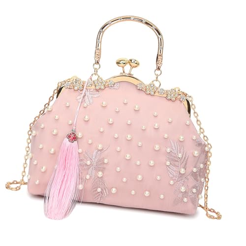 HIOPOIUYT Geräumige Schultertasche mit besticktem Blumendesign, Abendtasche mit Kette, Crossbody-Gurt für Einkaufen und Pendeln, Blumen-Abendtasche, B, One Size von HIOPOIUYT