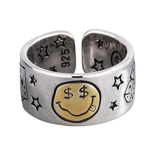 HIOPOIUYT Retro Styles Stern Und Lächeln Gesicht Verstellbare Größe Öffnungsringe Handgefertigte Damen Finger Ringe Modes Statement Schmuck Kupferring von HIOPOIUYT