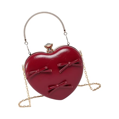 HIOPOIUYT Stilvolle Handtasche mit Herz-Design und Schleife, PU-Leder, Abendtasche, Schultertaschen mit Kette, für Abschlussball, für Handy und Make-up, rot, One Size von HIOPOIUYT