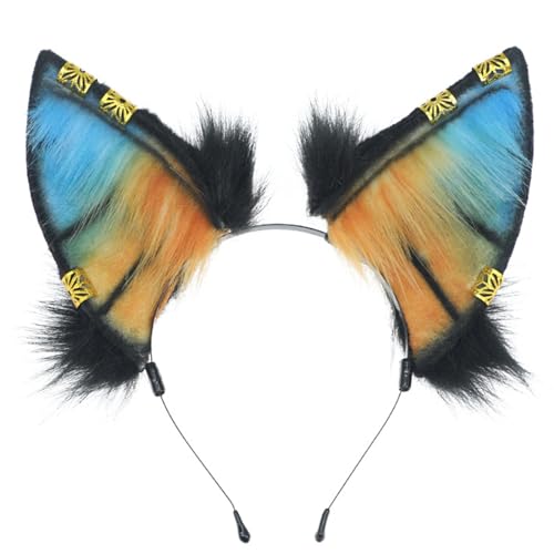 HIOPOIUYT Wolfsohr-Haarband mit Metall-Ohrringen, Rollenspiel, Wolfsohr-Stirnbänder, realistisches Katzenohr-Haarband für Mädchen, Make-up-Stirnbänder für Frauen von HIOPOIUYT