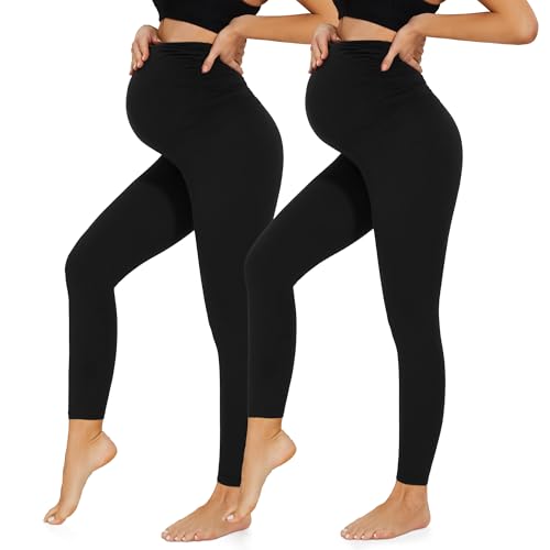 HIPOWER 2er Pack Umstandsleggings Damen High Waist Umstandsmode Weich Schwangerschaftsleggings Blickdicht Sport Umstandshose Elastisch Maternity(Schwarz*2,3XL) von HIPOWER