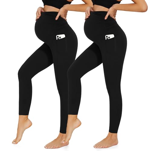 HIPOWER 2er Pack Umstandsleggings Damen High Waist Umstandsmode Weich Schwangerschaftsleggings Blickdicht Sport Umstandshose Elastisch Maternity(Schwarz*2-mit Tasche,2XL) von HIPOWER
