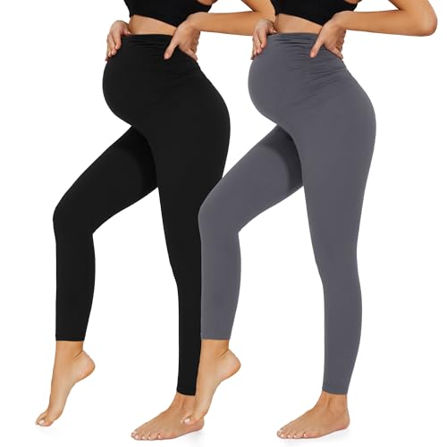 HIPOWER 2er Pack Umstandsleggings Damen High Waist Umstandsmode Weich Schwangerschaftsleggings Blickdicht Sport Umstandshose Elastisch Maternity(Schwarz+Dunkelgrau,M) von HIPOWER