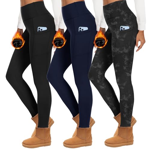 HIPOWER 3er Pack Thermoleggings Damen Mit Taschen Leggings Gefüttert Winter High Waist Fleece Warme Leggins Blickdicht Schwarz Sport Thermounterwäsche Laufhose（A-Schwarz+Navy+Schwarz Bedruck,S-M von HIPOWER