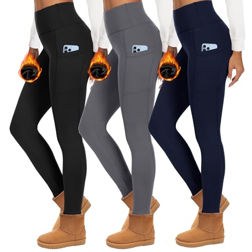 HIPOWER 3er Pack Thermoleggings Damen Mit Taschen Leggings Gefüttert Winter High Waist Fleece Warme Leggins Blickdicht Schwarz Sport Thermounterwäsche Laufhose Yogapants（A-Schwarz+Grau+Navy,L-XL von HIPOWER