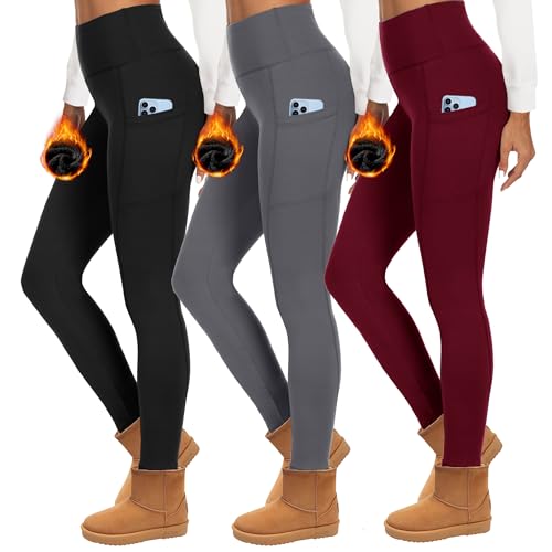 HIPOWER 3er Pack Thermoleggings Damen Mit Taschen Leggings Gefüttert Winter High Waist Fleece Warme Leggins Blickdicht Schwarz Sport Thermounterwäsche Laufhose Yogapants(A-Schwarz+Grau+Weinrot,S-M) von HIPOWER