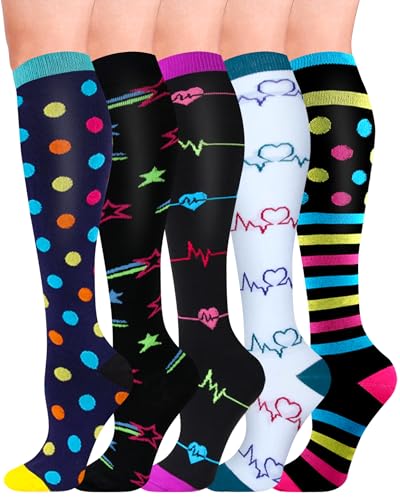 HIPOWER 5 Paar Kompressionsstrümpfe Damen und Herren Bunte Stützstrümpfe Sport Kompressionssocken Stützkniestrümpfe Reisestrümpfe Compression Sock Für Flug Radsport von HIPOWER