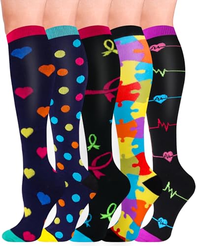 HIPOWER 5 Paar Kompressionsstrümpfe Damen und Herren Bunte Stützstrümpfe Sport Kompressionssocken Stützkniestrümpfe Reisestrümpfe Compression Sock Für Flug Radsport von HIPOWER