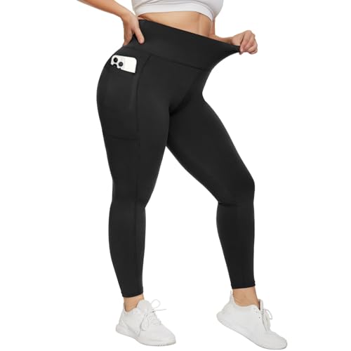 HIPOWER Leggings Damen High Waist Leggins Blickdicht Große Größen Schwarz Sportleggins Lang Bauchweg Plus Size Sporthose Elastische Yogapants Laufhose(Schwarz-Mit Taschen,XXL) von HIPOWER