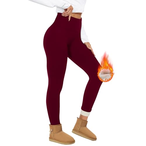 HIPOWER Thermo Leggings Gefüttert Damen Winter Verdickte Thermoleggins Warm Plüsch Fleece Leggins High Waist Blickdicht Thermostrumpfhose für Outdoor Freizeit（Weinrot,XXL von HIPOWER