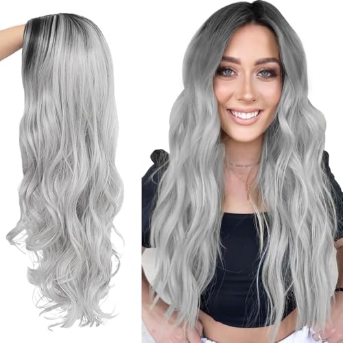 HIQE-FL 2 Stück Lange Graue Gradient Perücke,70cm Karneval Perücke Grau,Gothic,Frauen,Halloween Karneval Rollenspiel Party von HIQE-FL