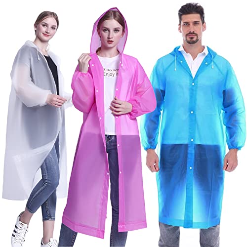 HIQE-FL 3 Stück Regenponcho Wiederverwendbar,Wasserdicht Regenjacken für Festivals,Regenponcho mit Kapuze,Regenjacke Regenponcho mit Kaputze,Tragbarer Festival Regencape,Atmungsaktiv EVA Regenjacke von HIQE-FL