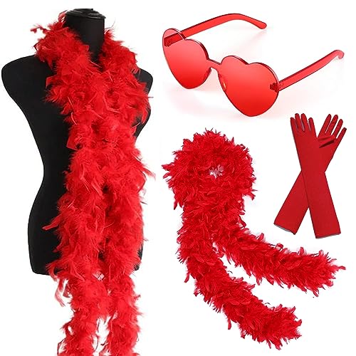 Federboa,Federn für Frauen,Turkey Feather Boas,Federboa 1.8Meter Rosa,Feder Boas mit Herz-Sonnenbrillen und Handschuhe,Kostüm Karneval 20er Jahre Charleston Burlesque kuschelig,Mottoparty,Fasching von HIQE-FL