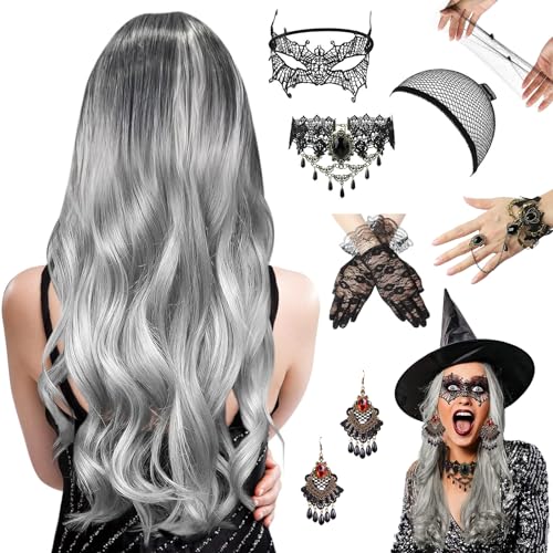 Perücke Halloween Damen,Perücke Frauen Kostüm,68cm Grau Lang Wellte Lockig Haare,Grey Wig Lang Haar Gelockt, Hexenperücke Gotisch Halskette Armbänder,für Halloween Karneval,Fasching,Mottoparty von HIQE-FL