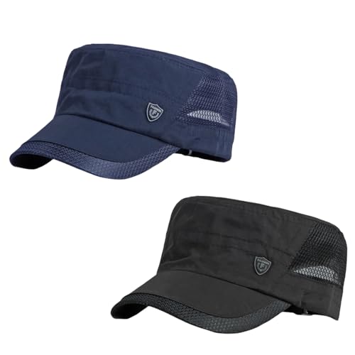 HIQIU 2 Stück Army Cap Herren Cadet Hut,Verstellbar Military Armee Flat Cap,Militärmützen Herren Sommer Atmungsaktiv Mesh Sportmütze (DE/NL/SE/PL, Alphanumerisch, M, L, Schwarz+Marineblau) von HIQIU