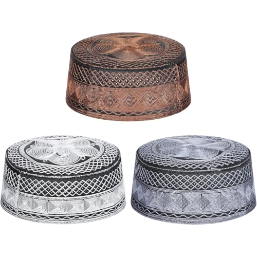 HIQIU 3 Stück Muslimischer Hut Gebetskappe Islam Herren - Bestickte Muslimische Mütze Arabische Kopfbedeckung Herren Muslim Kappe Gebetshut (DE/NL/SE/PL, Alphanumerisch, Einheitsgröße, A-3 Stück) von HIQIU