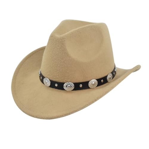 HIQIU Vintage Classisch Cowboyhut Damen Herren,Westernhut Filzhut breite Krempe Gürtelschnalle Dekor Panama Fedora Hut(Khaki) von HIQIU