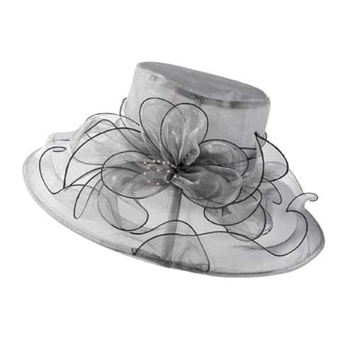 HIQIU Organza Hut Damen Breite Krempe Sommerhut Strandmütze, Ladies Elegant Sonnenhüte Fascinator Kirche Derby Hochzeit Party Hut (Grau) von HIQIU