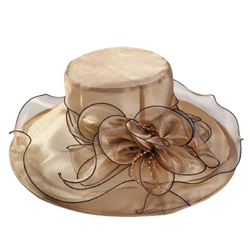 HIQIU Organza Hut Damen Breite Krempe Sommerhut Strandmütze, Ladies Elegant Sonnenhüte Fascinator Kirche Derby Hochzeit Party Hut (Khaki) von HIQIU