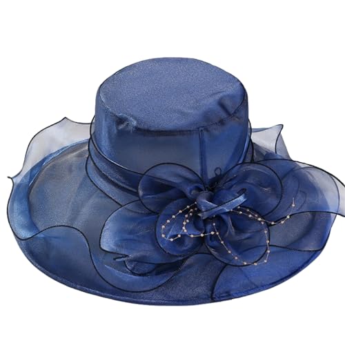 HIQIU Organza Hut Damen Breite Krempe Sommerhut Strandmütze, Ladies Elegant Sonnenhüte Fascinator Kirche Derby Hochzeit Party Hut (Marineblau) von HIQIU