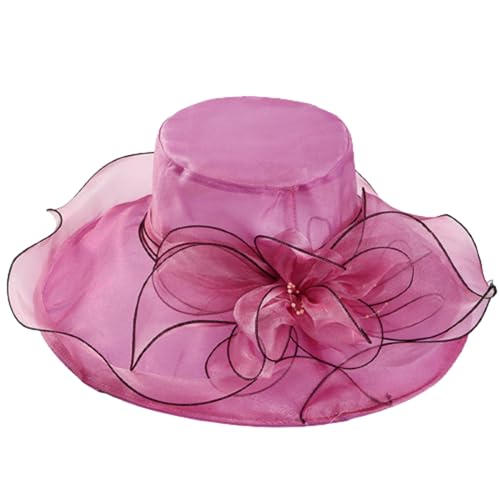 HIQIU Organza Hut Damen Breite Krempe Sommerhut Strandmütze, Ladies Elegant Sonnenhüte Fascinator Kirche Derby Hochzeit Party Hut (Rosa) von HIQIU