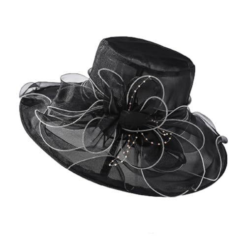 HIQIU Organza Hut Damen Breite Krempe Sommerhut Strandmütze, Ladies Elegant Sonnenhüte Fascinator Kirche Derby Hochzeit Party Hut (Schwarz) von HIQIU