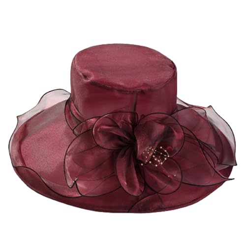 HIQIU Organza Hut Damen Breite Krempe Sommerhut Strandmütze, Ladies Elegant Sonnenhüte Fascinator Kirche Derby Hochzeit Party Hut (Weinrot) von HIQIU