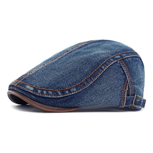 HIQIU Denim Flatcap Unisex Schiebermütze Herren Barett Cap Verstellbar Schirmmütze Damen Baskenmütze Jeans Newsboy Cap Freizeit (DE/NL/SE/PL, Alphanumerisch, M, L, B# Dunkelblau) von HIQIU