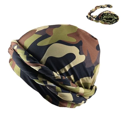 HIQIU Durag Turban für Herren mit Satin gefüttert,Twist Falten Kopf Wickeln,Tarnung Kopf Halstuch Kopftuch Hijab Mütze Kappe Abdeckung (Grüne Tarnung) von HIQIU