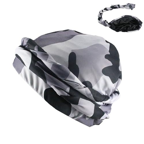 HIQIU Durag Turban für Herren mit Satin gefüttert,Twist Falten Kopf Wickeln,Tarnung Kopf Halstuch Kopftuch Hijab Mütze Kappe Abdeckung (Schwarz/Grau Tarnung) von HIQIU