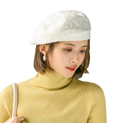 HIQIU Französische Spitzen Baskenmütze Damen Beret Cap klassischen Frauen Summer Barett Mütze Fascinator Hut (DE/NL/SE/PL, Alphanumerisch, Einheitsgröße, Weiß) von HIQIU