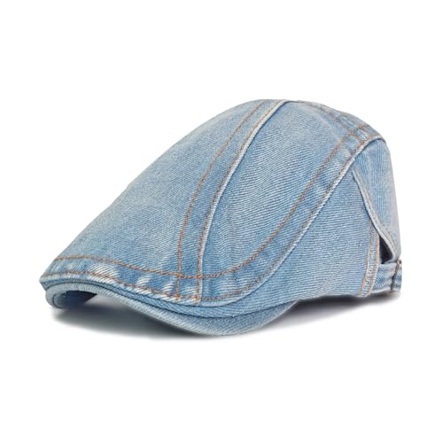 HIQIU Denim Schiebermütze Herren - Verstellbar Gatsby Flatcap aus Jeans Schirmmütze Herren Damen Efeu Hut Newsboy Cap Baskenmütze (DE/NL/SE/PL, Alphanumerisch, M, L, A1# Hellblau) von HIQIU