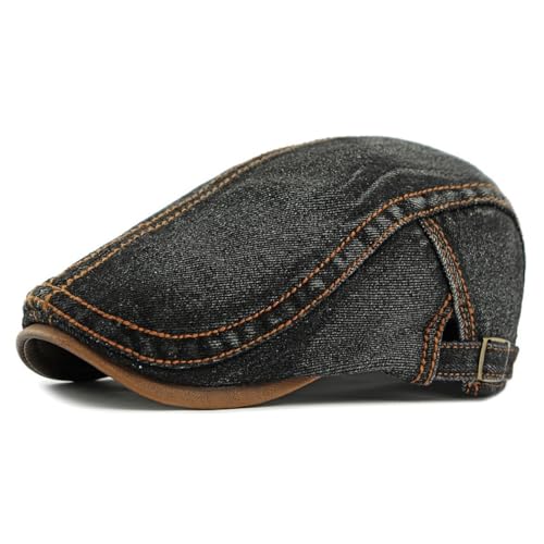 HIQIU Unisex Denim Flatcap Herren Schiebermütze Barett Cap Schirmmütze Damen Baskenmütze Verstellbar Freizeit Barett mütze (DE/NL/SE/PL, Alphanumerisch, M, L, B# Schwarz) von HIQIU