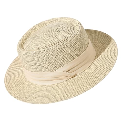 HIQIU Unisex Panamahut Großen Stroh Sonnenhut mit Breiter Krempe für Herren und Damen Sonnenschutz Flat Top Strohhut Sommerhut Strandhut (DE/NL/SE/PL, Numerisch, 56, 58, Beige Hut mit beige Band) von HIQIU