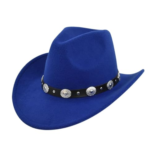 HIQIU Vintage Classisch Cowboyhut Damen Herren,Westernhut Filzhut breite Krempe Gürtelschnalle Dekor Panama Fedora Hut (blau) von HIQIU