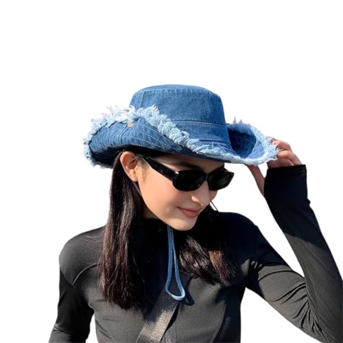 HIQIU Washed Baumwolle Denim Distressed Fischerhut Bucket Hat Herren Damen Faltbar Frayed Anglerhut Sonnenhut Reisen Schlapphut (DE/NL/SE/PL, Alphanumerisch, Einheitsgröße, M, Dunkelblau) von HIQIU