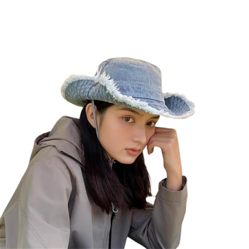 HIQIU Washed Baumwolle Denim Distressed Fischerhut Bucket Hat Herren Damen Faltbar Frayed Anglerhut Sonnenhut Reisen Schlapphut (DE/NL/SE/PL, Alphanumerisch, Einheitsgröße, M, Hellblau) von HIQIU
