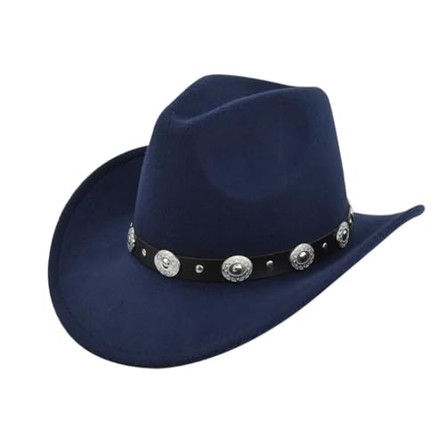 HIQIU Vintage Classisch Cowboyhut Damen Herren,Westernhut Filzhut breite Krempe Gürtelschnalle Dekor Panama Fedora Hut (Dunkelblau) von HIQIU