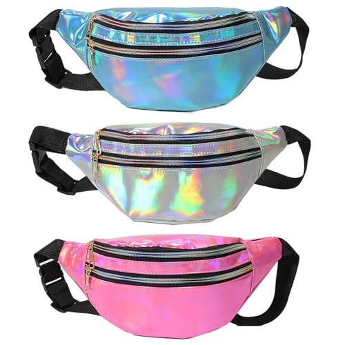 3 Stück Bauchtasche, Verstellbarer Hüfttasche Reflektierender, Gürteltasche Damen Holografisch, Bunt PU Leder Umhängetaschen für Mädchen Outdoor Wandern Reisen Party Festival von HIQU and HIST