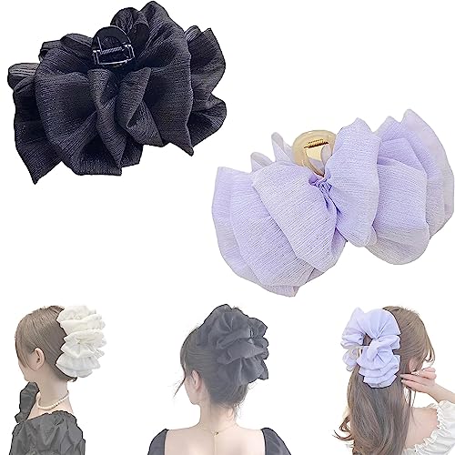 Luftpolster-Clips, Chiffon-Seide, große Netz-Haarspange, Haarklammer für langes, dickes Haar, elegantes Haarstyling-Zubehör für Frauen (A-Schwarz + Lila) von HIRANE