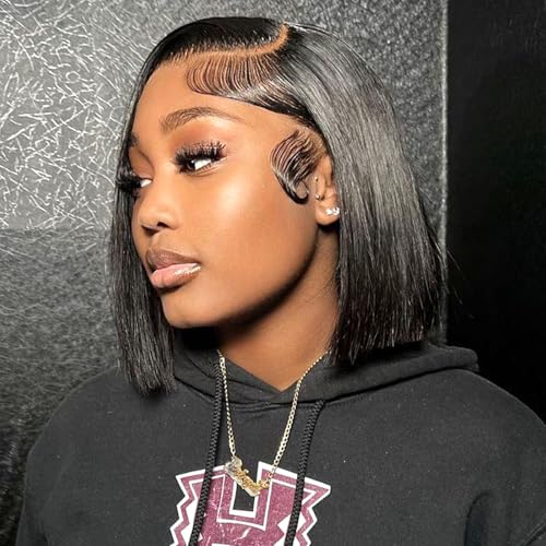 HIRIREMY Kurze Bob-Perücken für schwarze Frauen, Menschenhaar, gerade, 13 x 4 Hd Perücke, mit Frontnetz, vorgezogenes menschliches Haar, Glueless Menschenhaar, Bob Perücken für M HIRIREMY Kurze Bob-Perücken für schwarze Frauen, Menschenhaar, gerade, 13 x 4 Hd Perücke, mit Frontnetz, vorgezogenes menschliches Haar, Glueless Menschenhaar, Bob Perücken für M von HIRIREMY