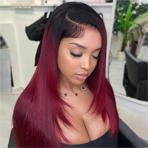 Hiriremy 1B/99J Ombre Lace-Front-Perücke, 40,6 cm, Burgunderrot, 13 x 4 Hd ohne Klebstoff, kurze gerade Frontperücken für schwarze Frauen, Echthaar, Haaransatz Hiriremy 1B/99J Ombre Lace-Front-Perücke, 40,6 cm, Burgunderrot, 13 x 4 Hd ohne Klebstoff, kurze gerade Frontperücken für schwarze Frauen, Echthaar, Haaransatz von HIRIREMY