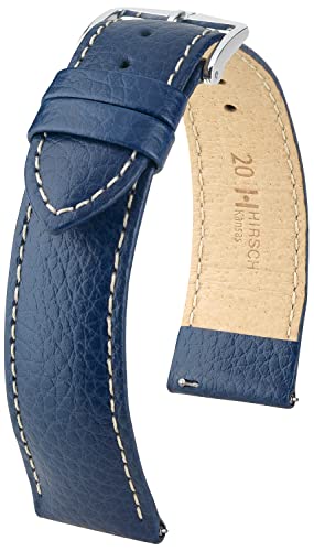 HIRSCH Uhren-Armband Kansas L - Uhr-Band aus widerstandsfähigem Kalbs-Leder mit Büffel-Prägung - Blau/Weiß - 18 mm von HIRSCH