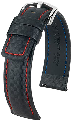 HIRSCH Uhren-Band Carbon L - modisches Premium-Lederband für Deine Armbanduhr - Schwarz - 24 mm von HIRSCH