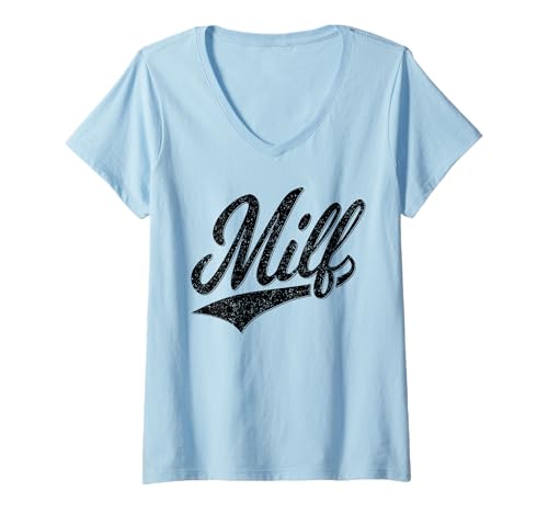 Damen Milf, College-SKRIPT, SPORTTRIKOT-Stil, Mama, Mutter T-Shirt mit V-Ausschnitt von HIS AND HERS MILF AND DILF COUPLES FUN TEES