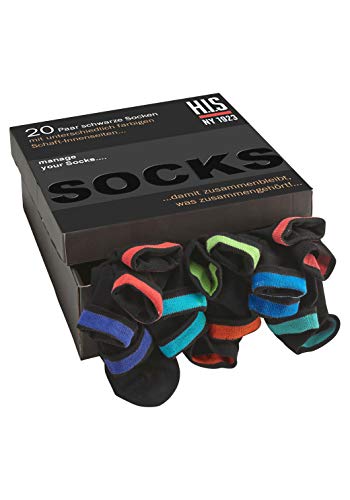 HIS Unisex Socken in Box mit farbigem Innenbündchen 20 Paar (47/48, schwarz) von H.I.S