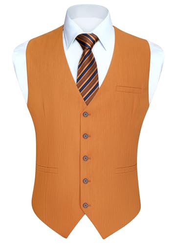 HISDERN Anzug Weste Herren Hochzeit Formale Anzugweste Herren Orange Einfarbige Anzugwesten Baumwolle Westen mit Taschen Business Party S von HISDERN